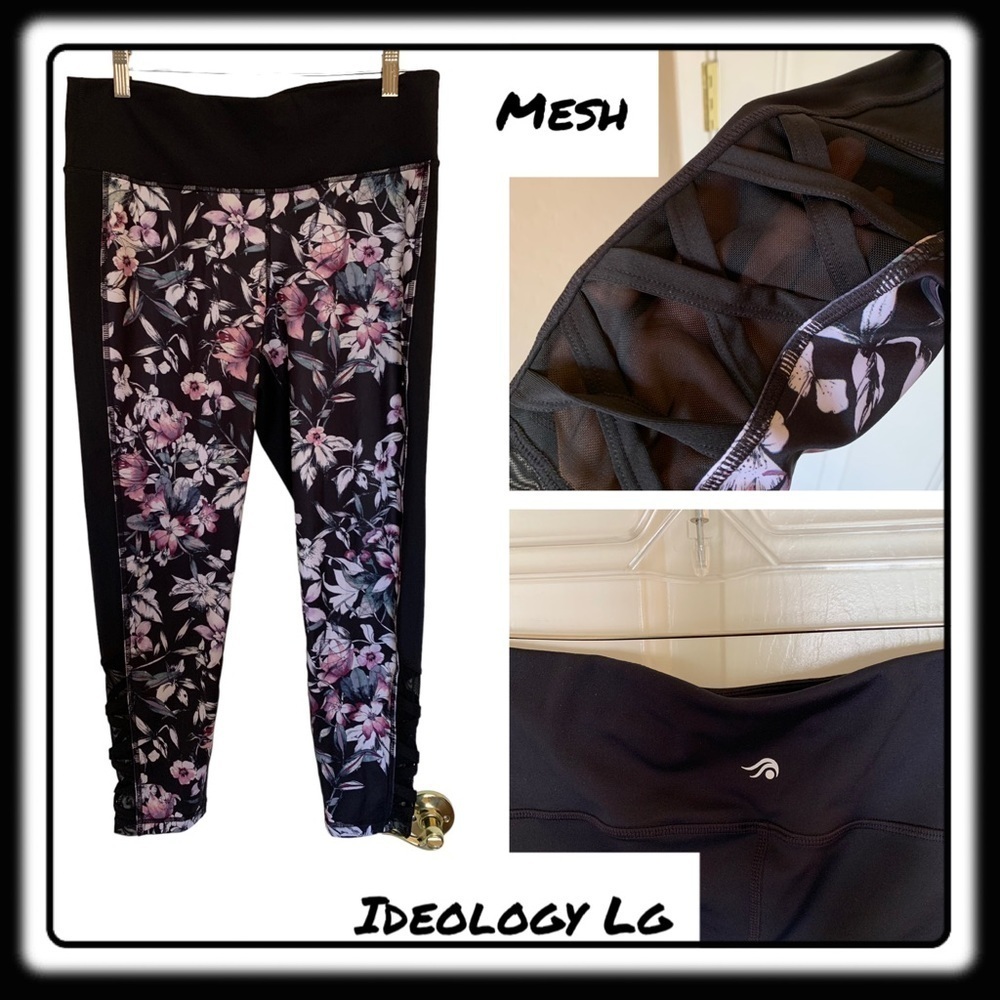 Ideology floral black/ivory/pink leggings. Size Large. Mesh at ankles.